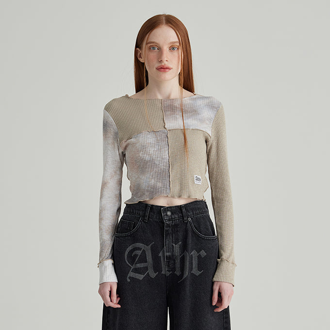 GRAY TIE-DYE BLOCK MIX CROP LONG SLEEVES T-SHIRT