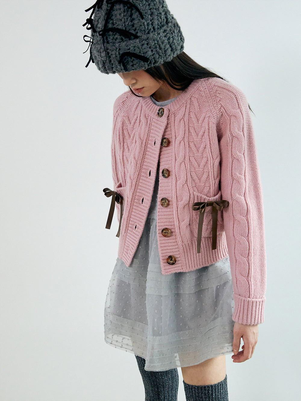 ribbon wool cable cardigan_pink