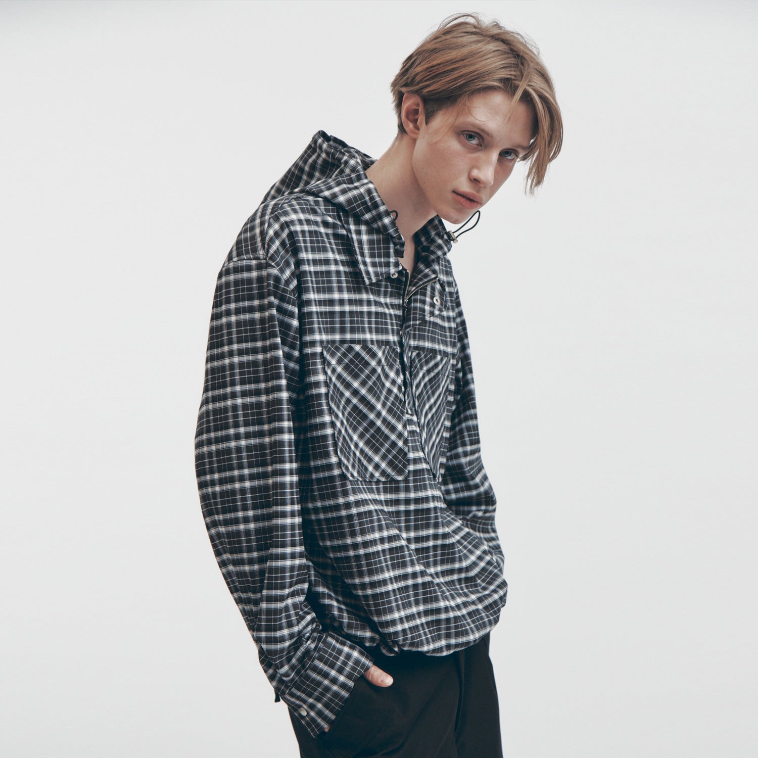 DETACHABLE HOODED ANORAK CHECK SHIRTS (DARK GREEN)