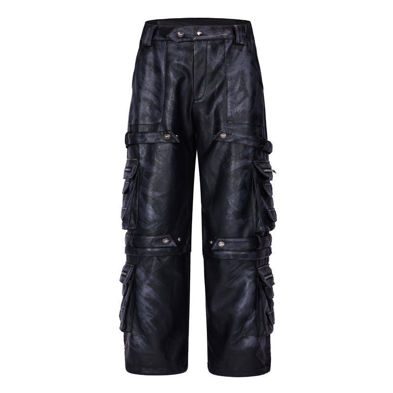  detachable multi-pocket cargo grained mud-dyed leather pants