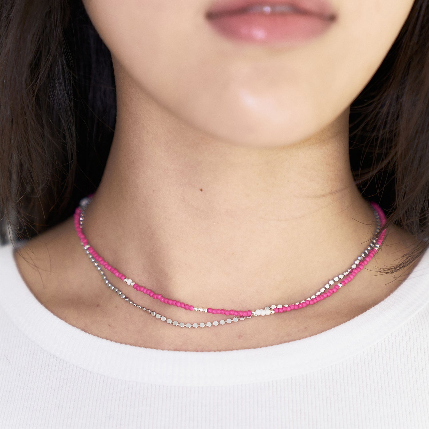 LOVE SKINNY BEADS NECKLACE PINK