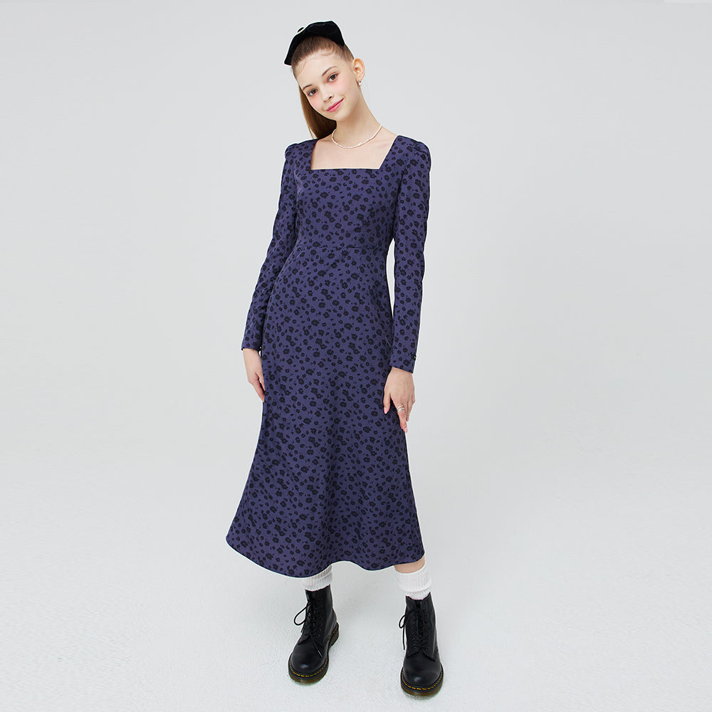 SQUARE NECK LONG DRESS _ NAVY