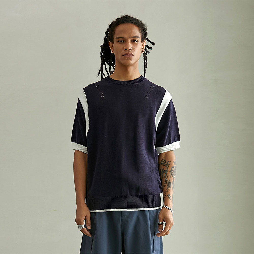 SHOULDER CONTRAST HALF SLEEVE KNIT (NAVY)