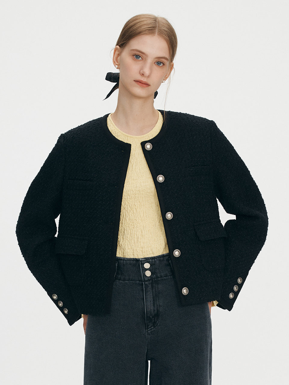 Trimming wool tweed jacket - Black