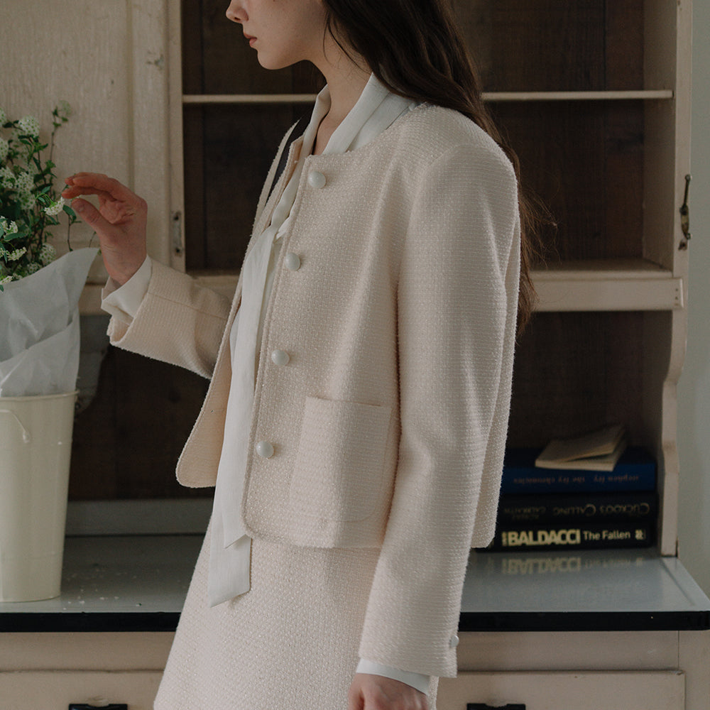 Minimal Tweed Jacket - Ivory