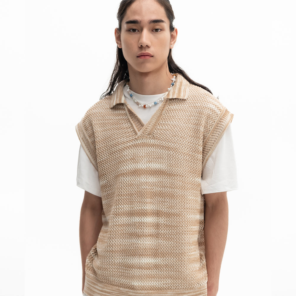 Net open collar knit vest_Brown