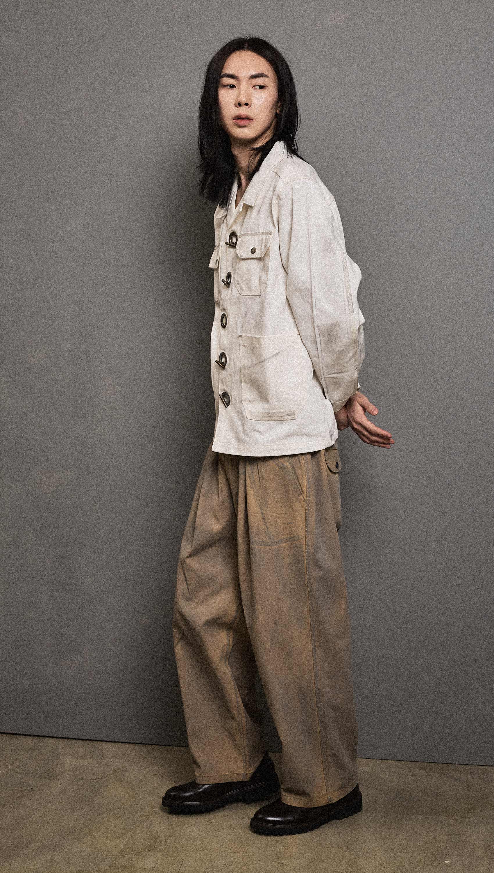 Dirty washed cotton long banding pants (Beige)