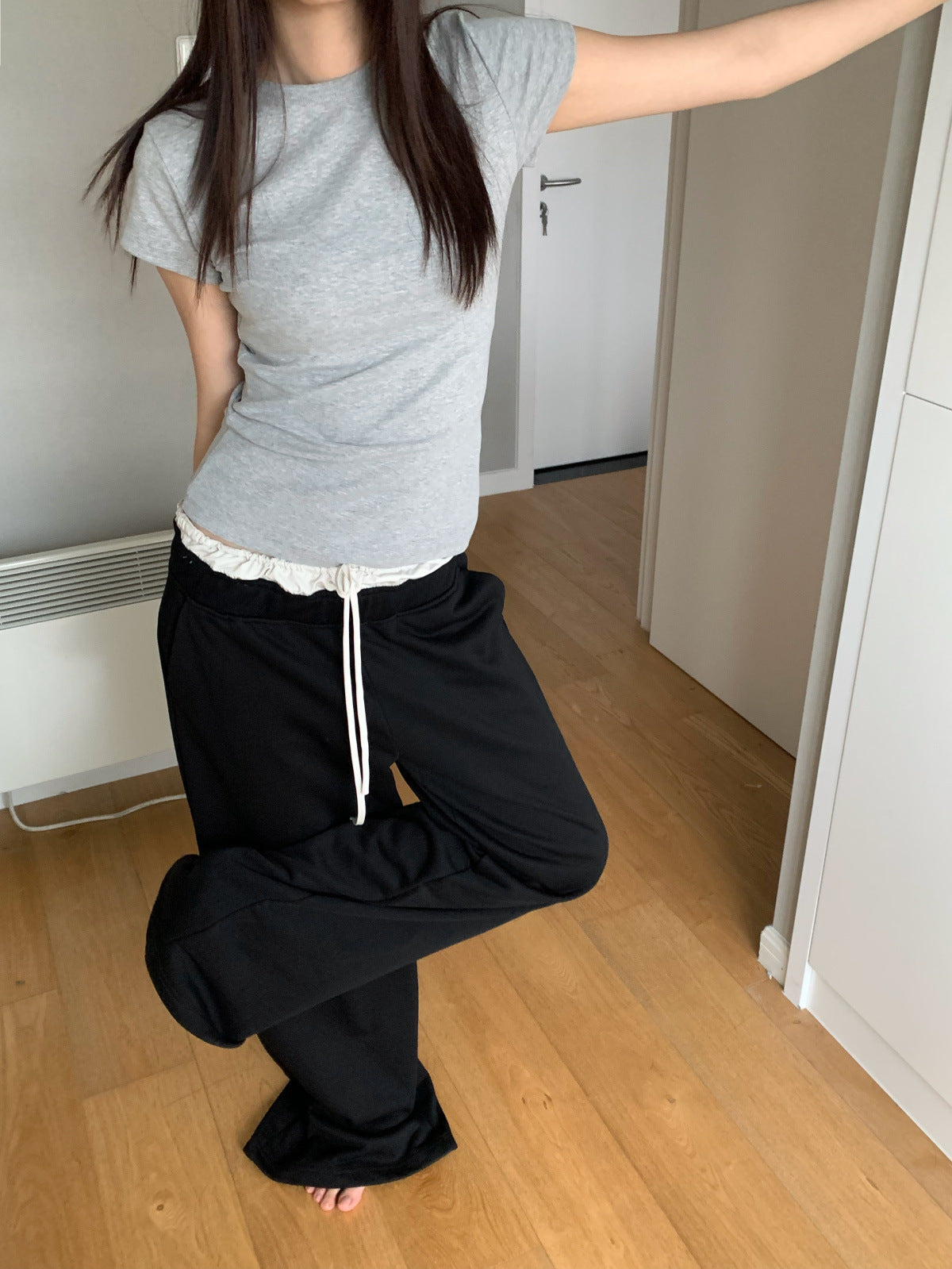 Layered banding black wide pants