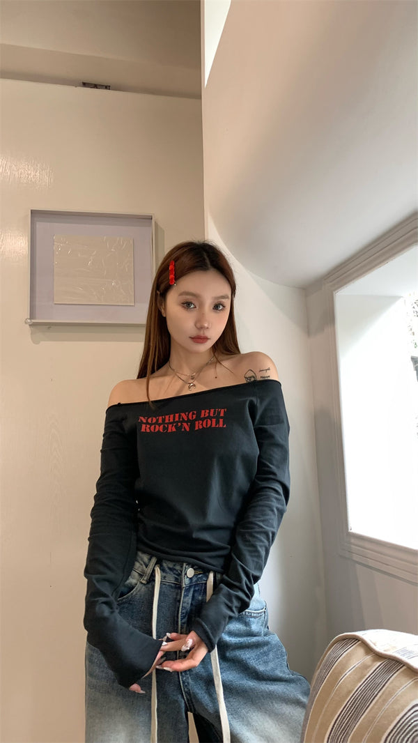 Red lettering off-shoulder tee