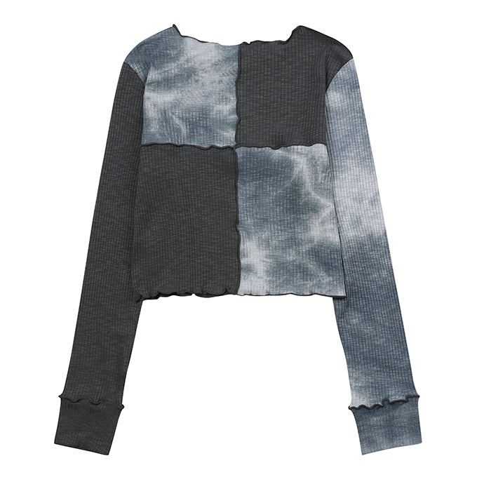 NAVY TIE-DYE BLOCK MIX CROP LONG SLEEVES T-SHIRT