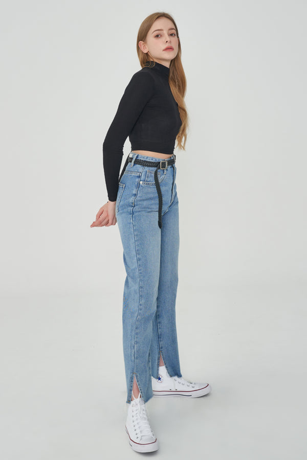  SONG JI HYO, VIVIZ EUNHA, SISTAR HYRIN, EVERGLOW AISHA, NATURE LU, STAYC ISA, FROMIS_9 SAEROM WORNSEMI WIDE FIT BELT SET SLIT DENIM PANTS [6607]