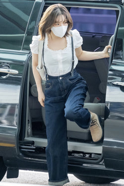 RED VELVER WENDY WORN HIGH WAIST DEEP BLUE WIDE FIT SUSPENDER DENIM PANTS [16636]