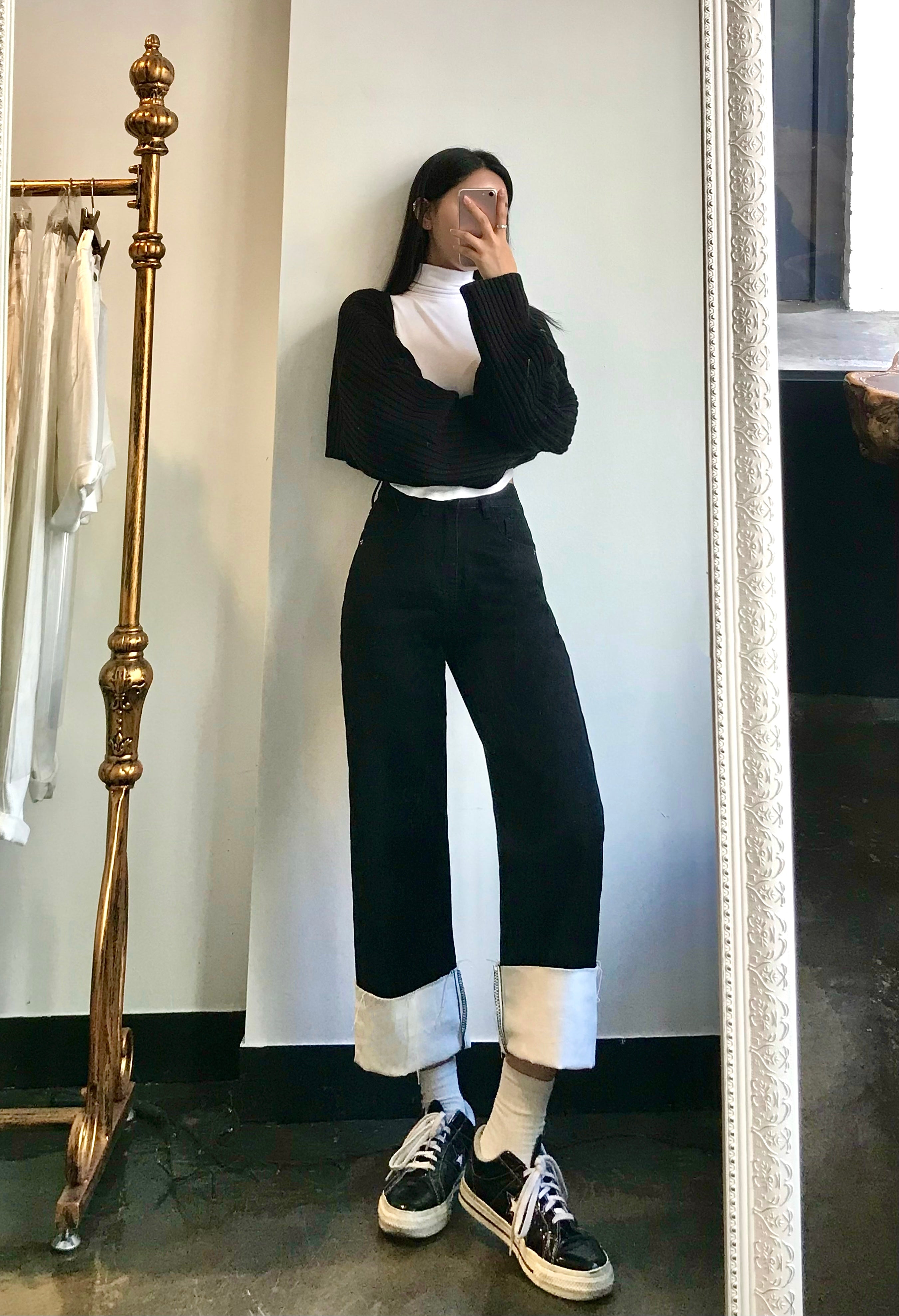 SEMI WIDE FIT BLACK+WHITE DENIM PANTS [17723]