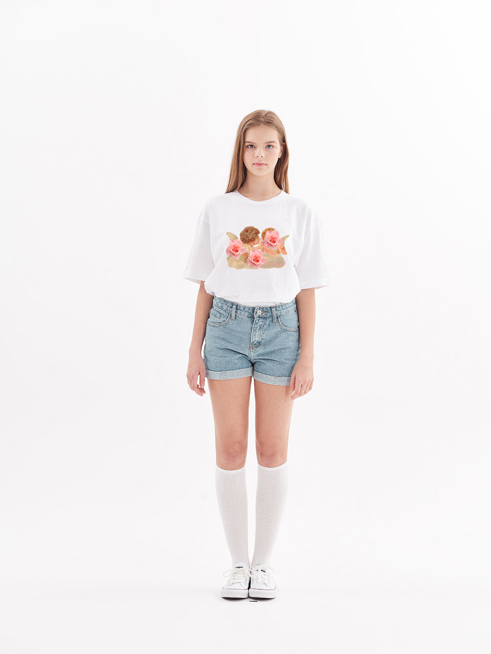 angel print wide short sleeve t-shirt white