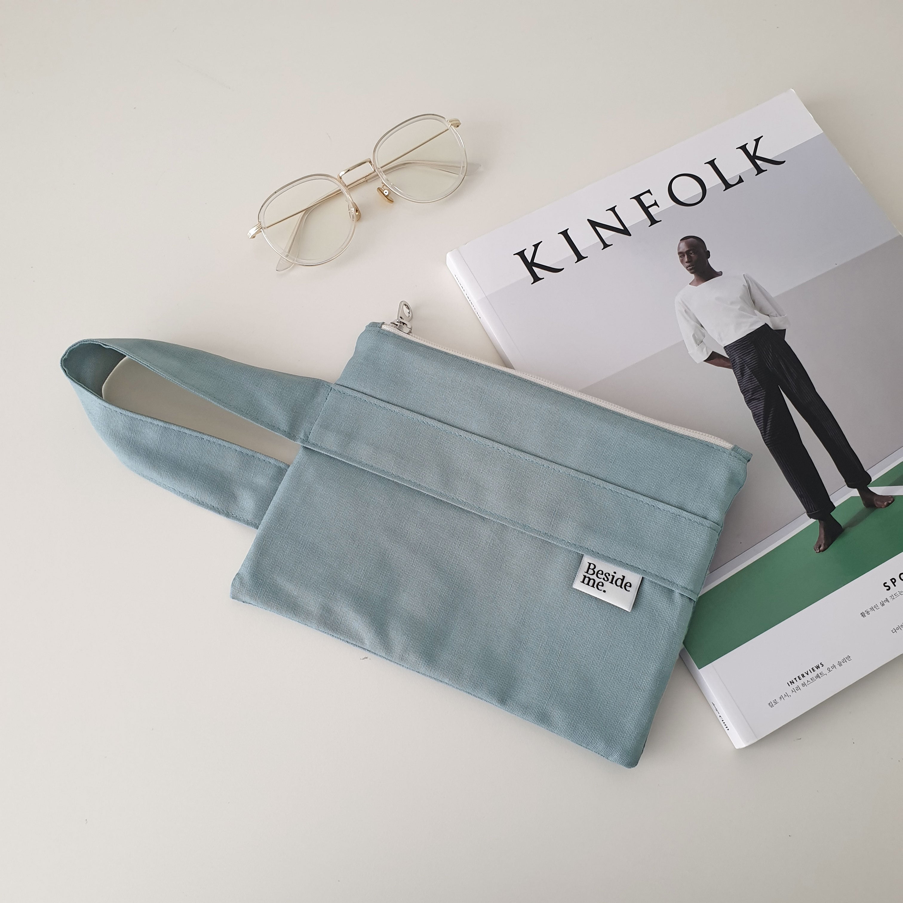 Oxford simple line strap pouch - skyblue gray