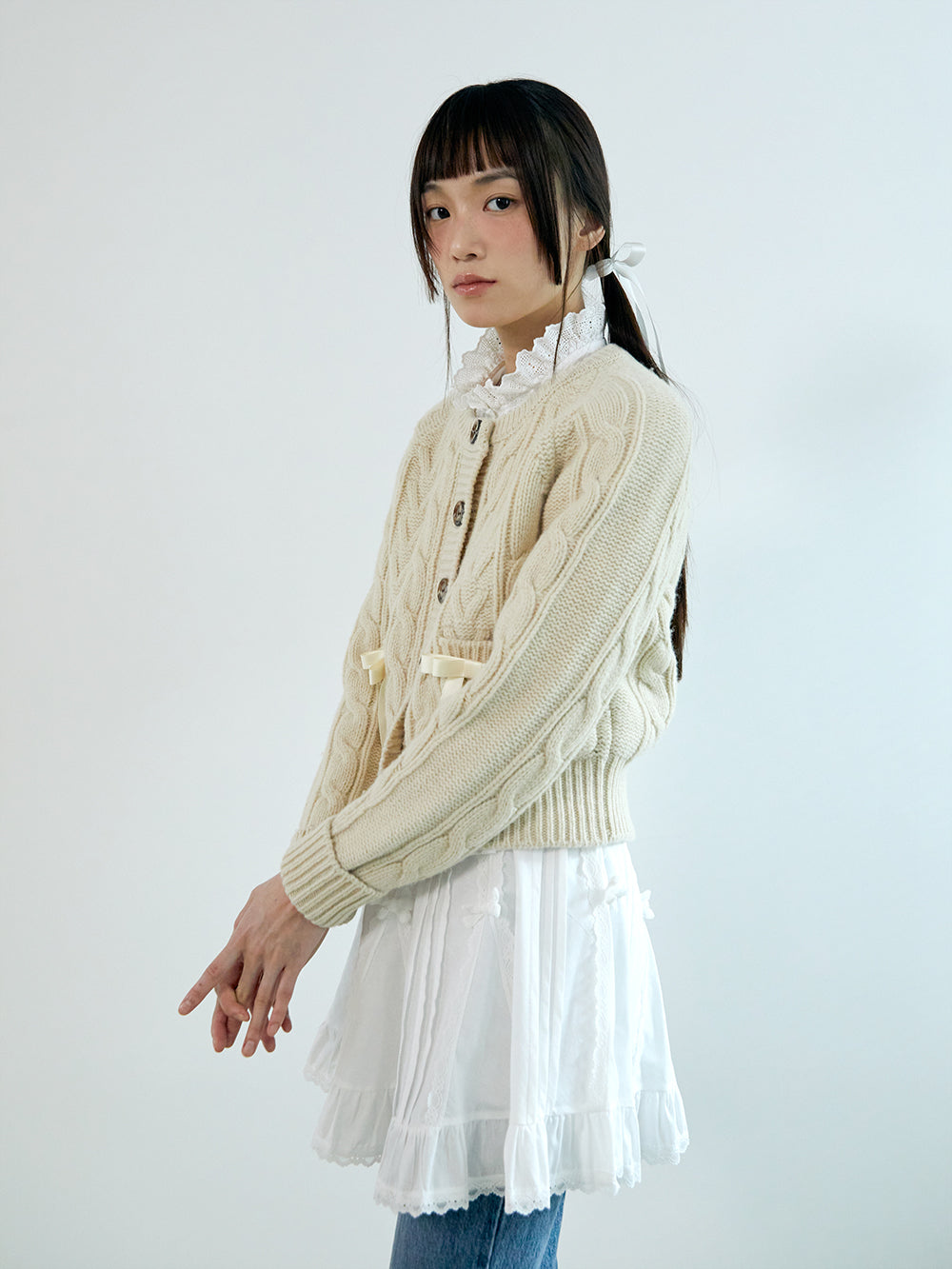 ribbon wool cable cardigan_ivory