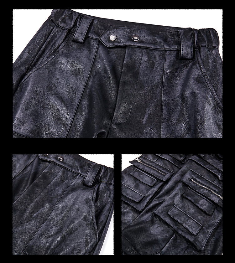  detachable multi-pocket cargo grained mud-dyed leather pants