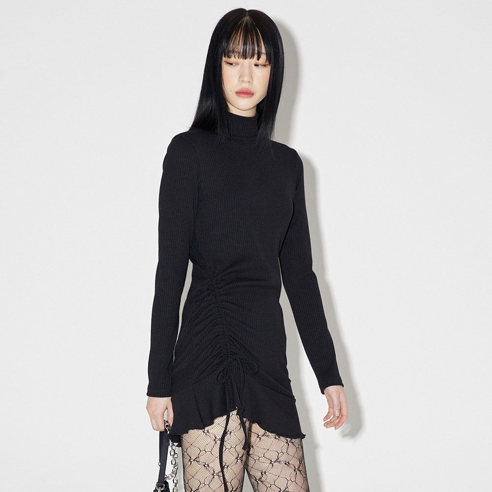 シャーリングハイネックミニドレス / Shirring High-neck Mini Dress [BLACK]