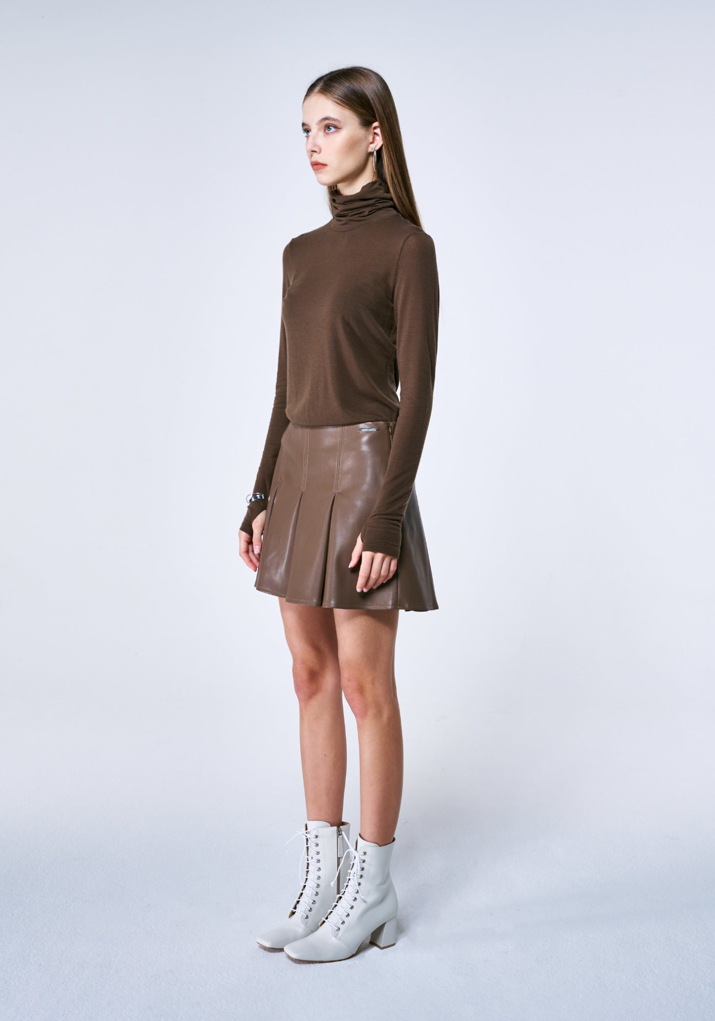 HAZELNUT GODET PLEATED VEGAN LEATHER SKIRT