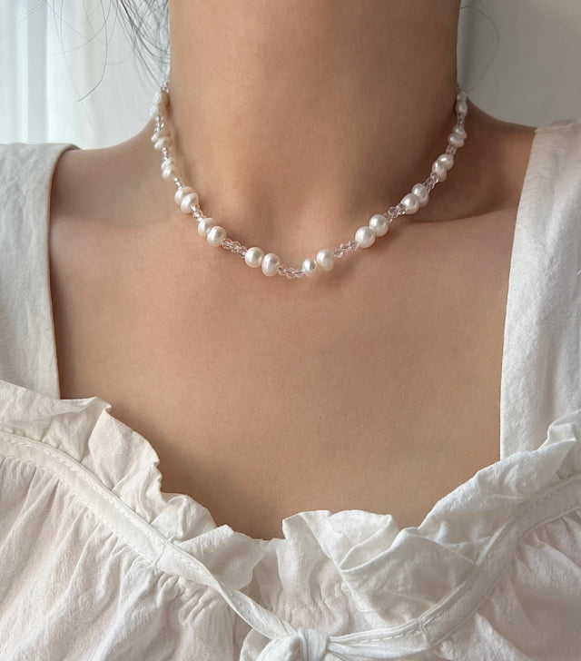 cr silver 925 fresh water pearl transparent beads innocent wedding choker necklace