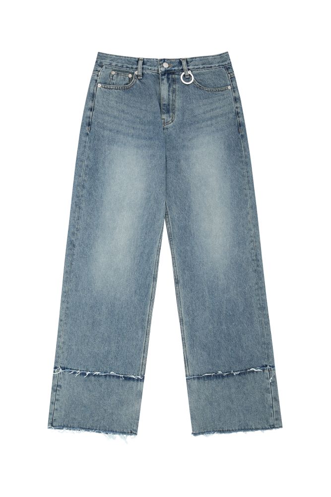 Double raw edge wide denim pants