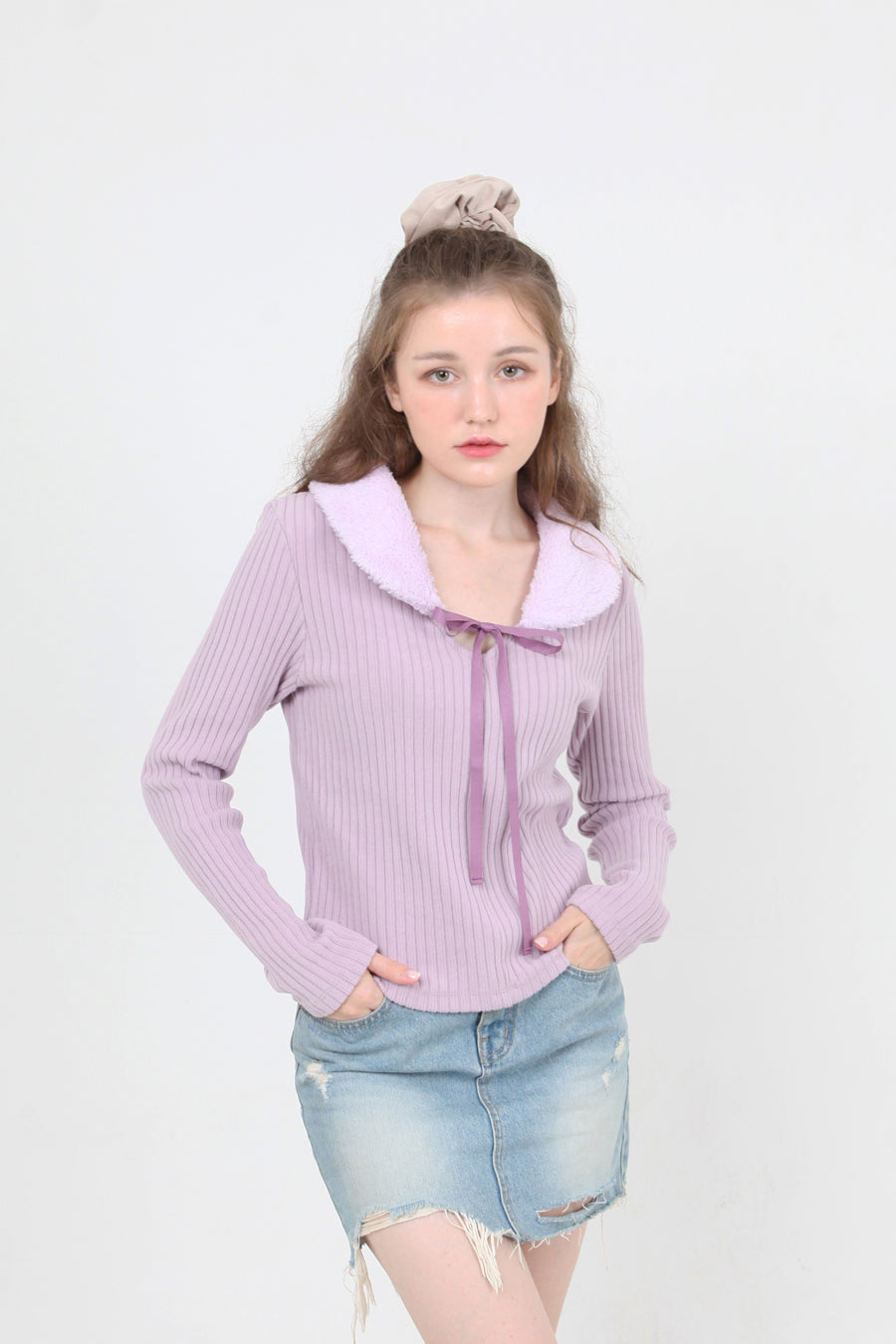 fur collar knit t-shirt purple