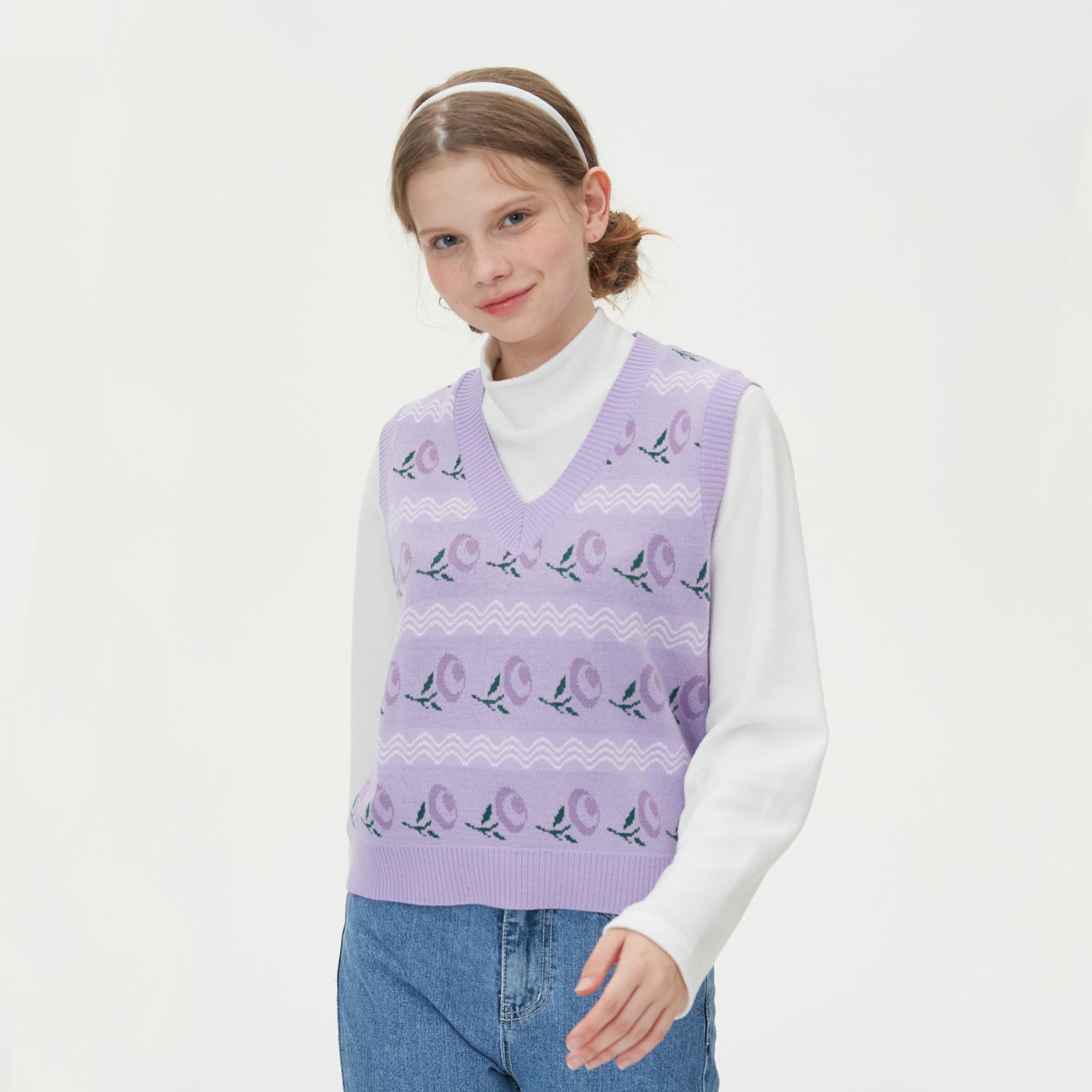 WAVE FLOWER JAQUARD KNIT VEST_PURPLE