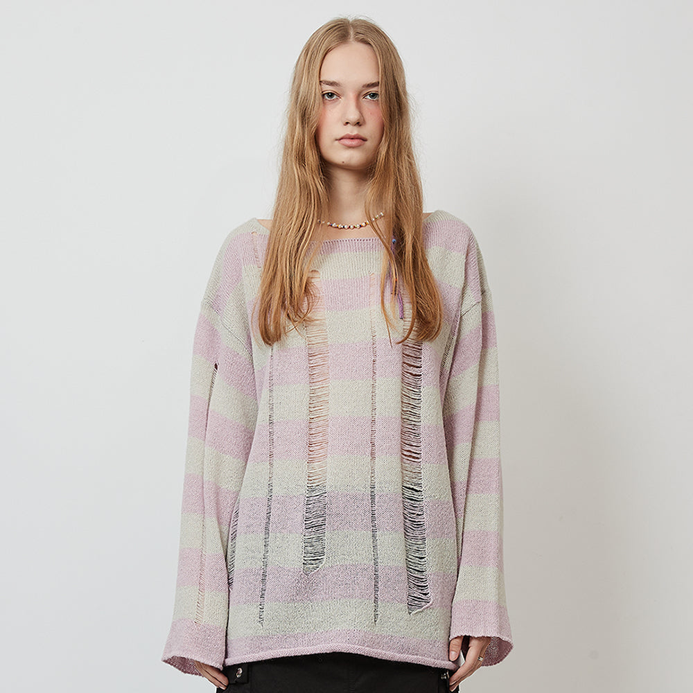 DAMAGED STRIPE KNIT_LIGHT VIOLET