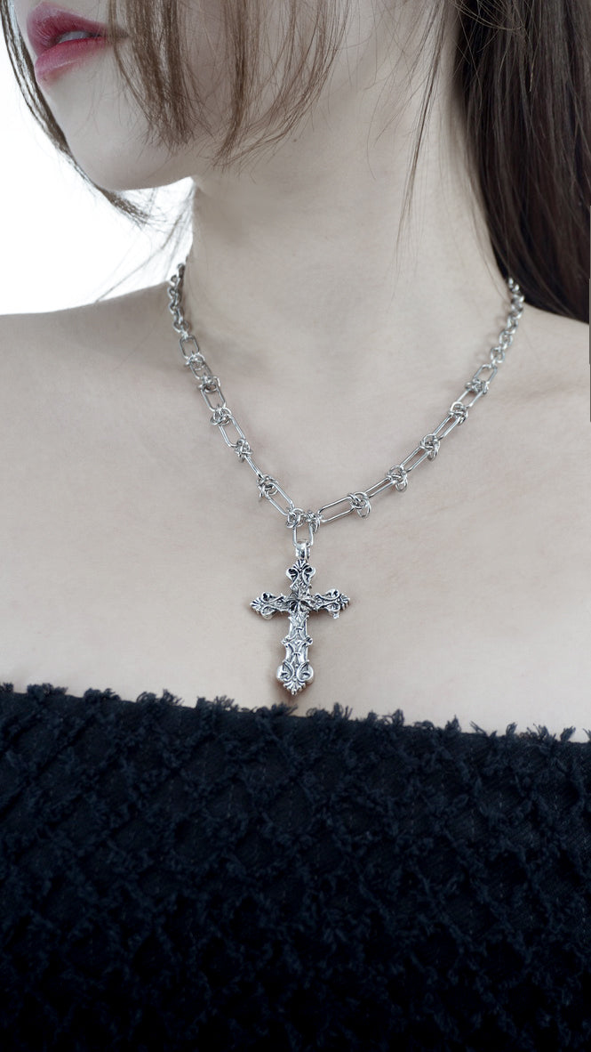 Chrome Cross Twisted Bold Chain Necklace