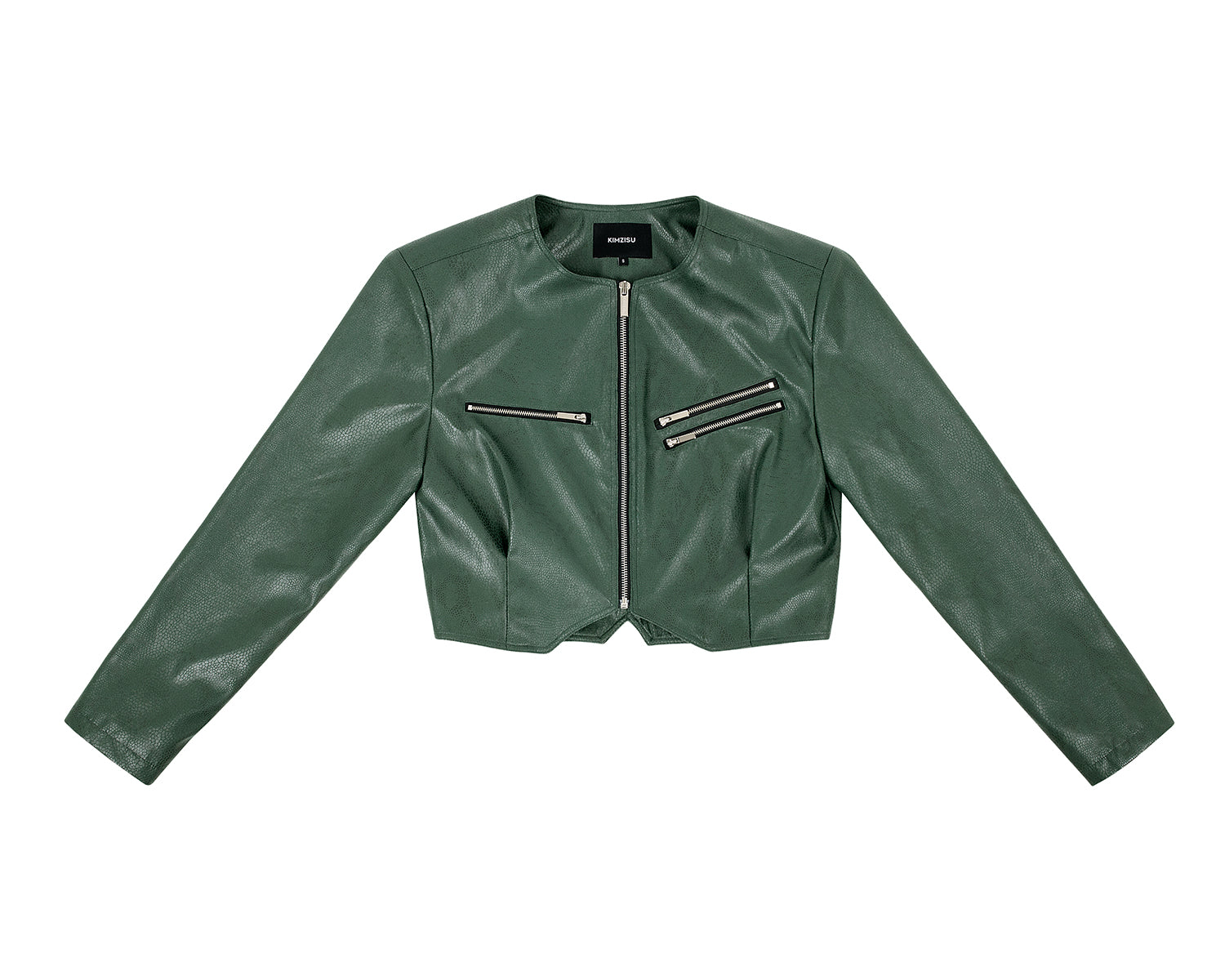 Faux-Leather Cropped Zip-Up Jacket _ Green