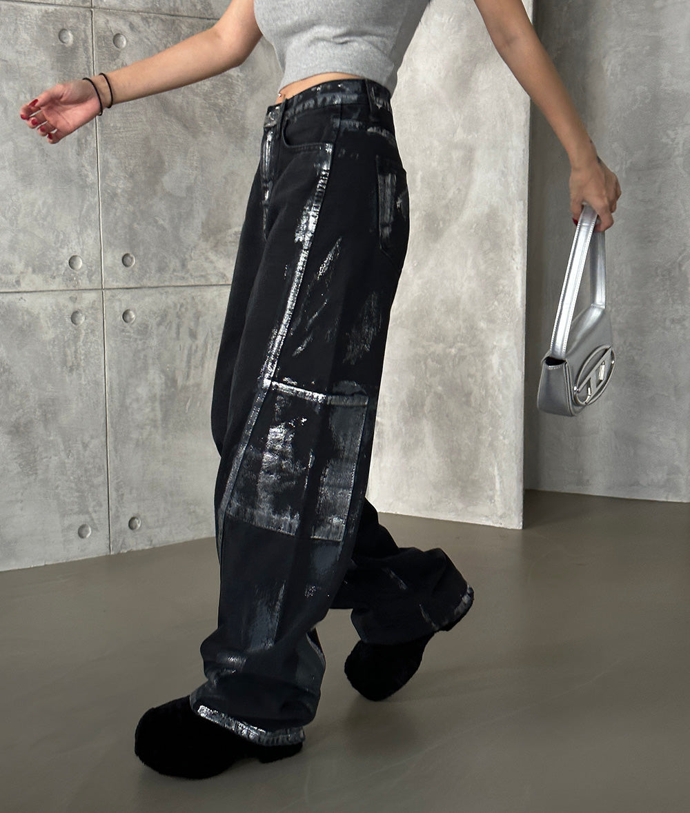 Silver Painting Black Blue Wide Pants