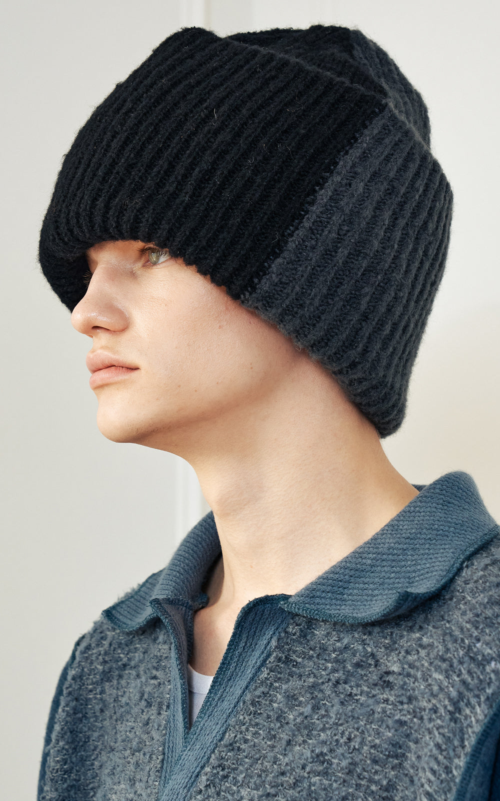 CONTRAST WIDE KNIT BEANIE_[BK