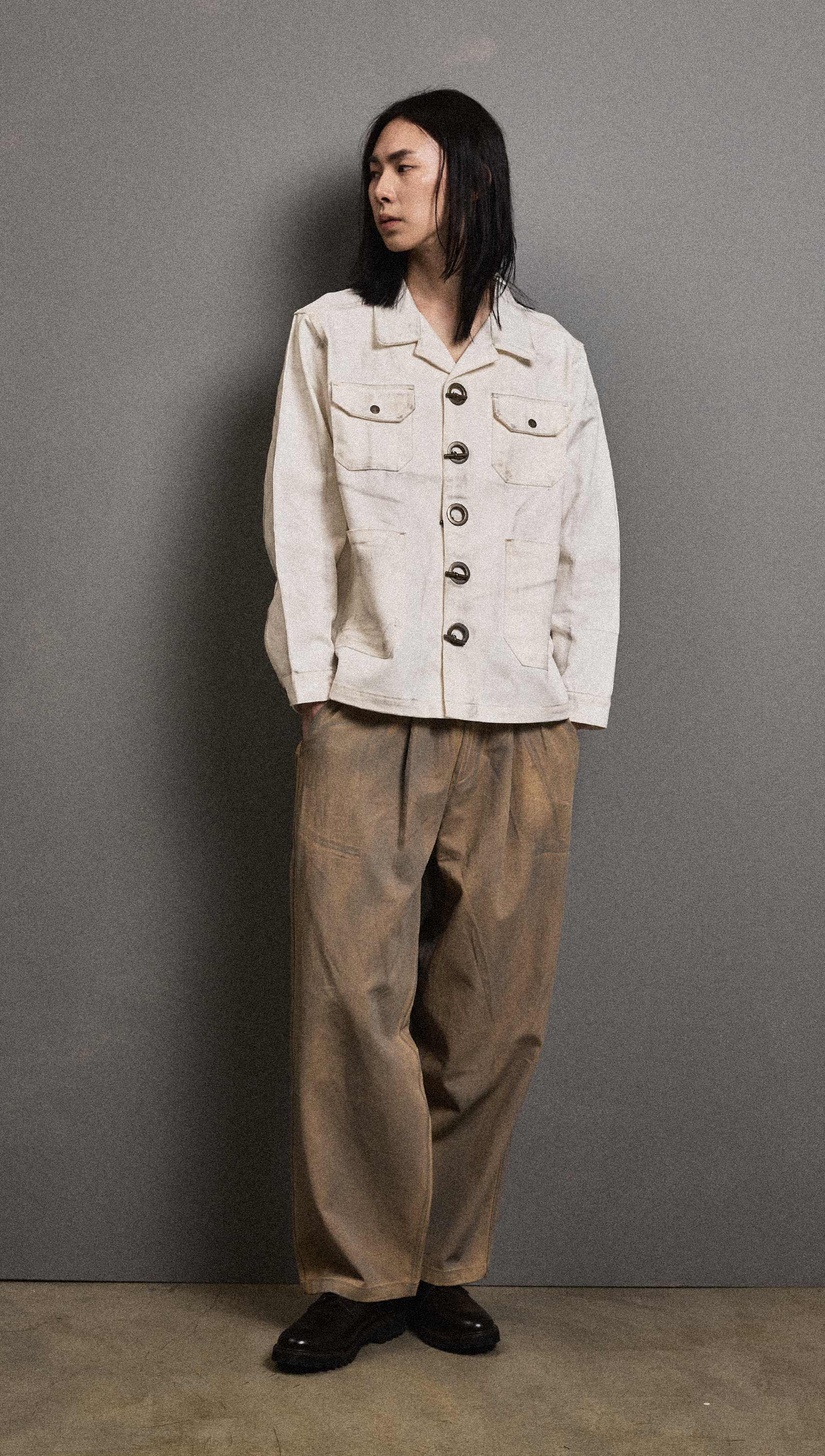 Dirty washed cotton long banding pants (Beige)