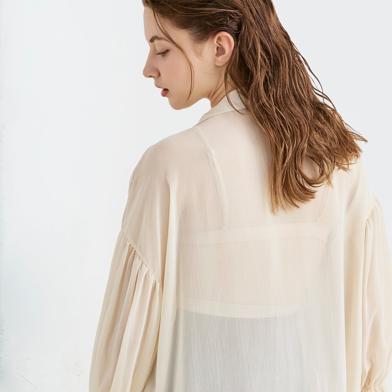 Ruffle sleeve see-through shirt long robe - ivory