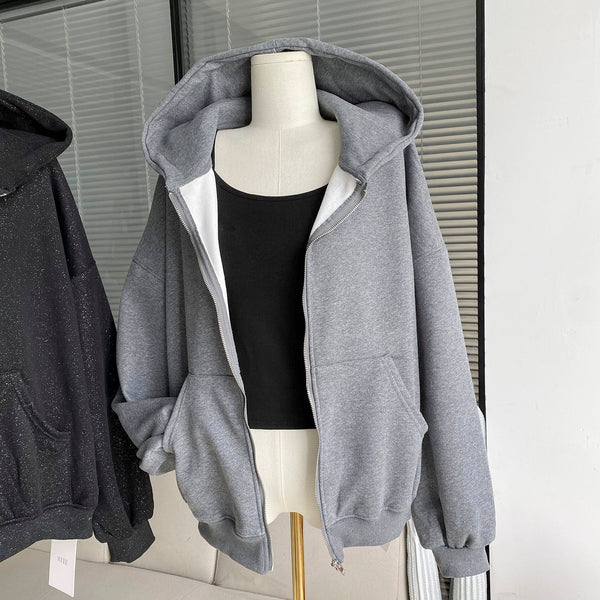 Black brushed pearl hooded zip-up