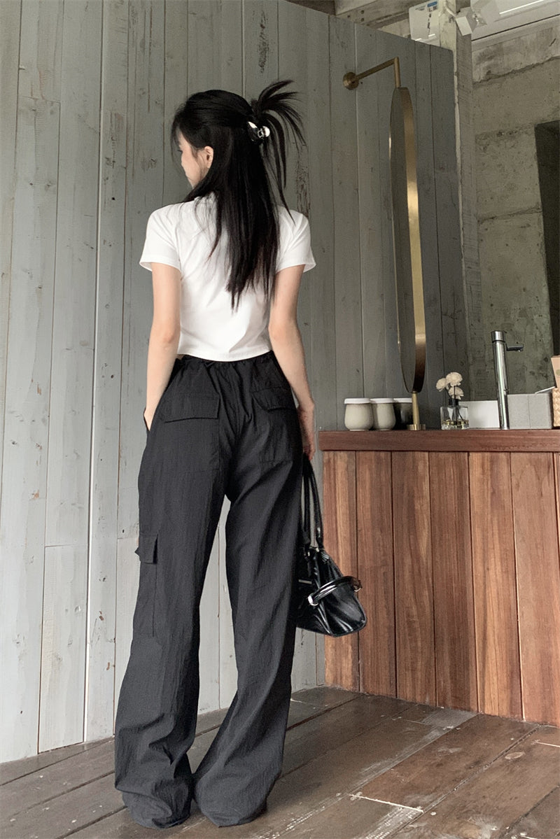 Black nylon long strap cargo pants