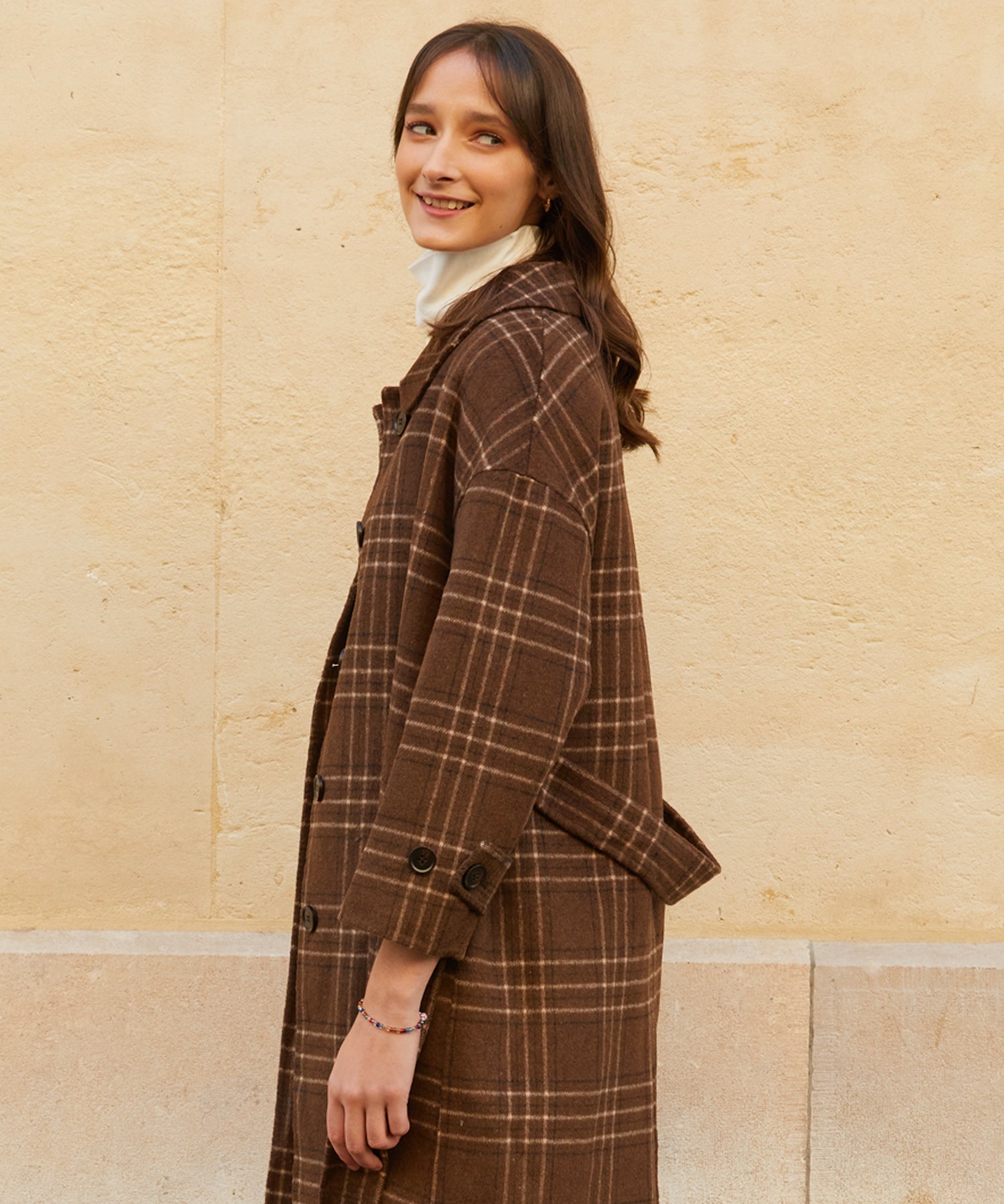 RCH cashwool blended robe coat check brown