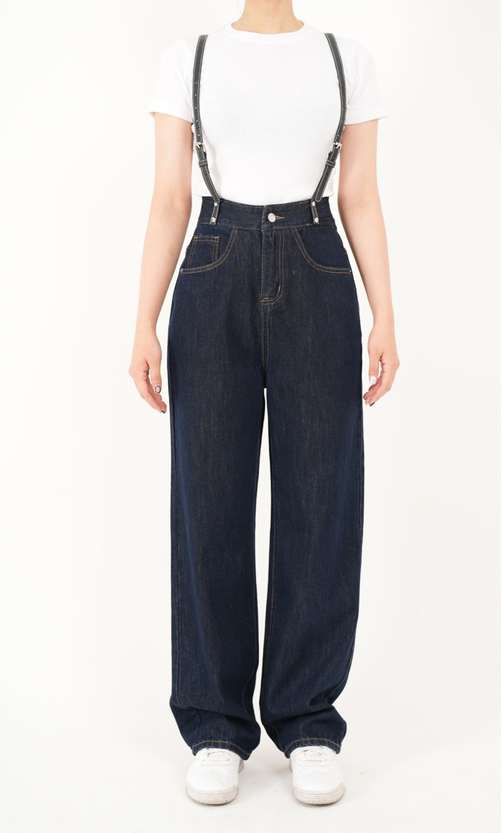 RED VELVER WENDY WORN HIGH WAIST DEEP BLUE WIDE FIT SUSPENDER DENIM PANTS [16636]