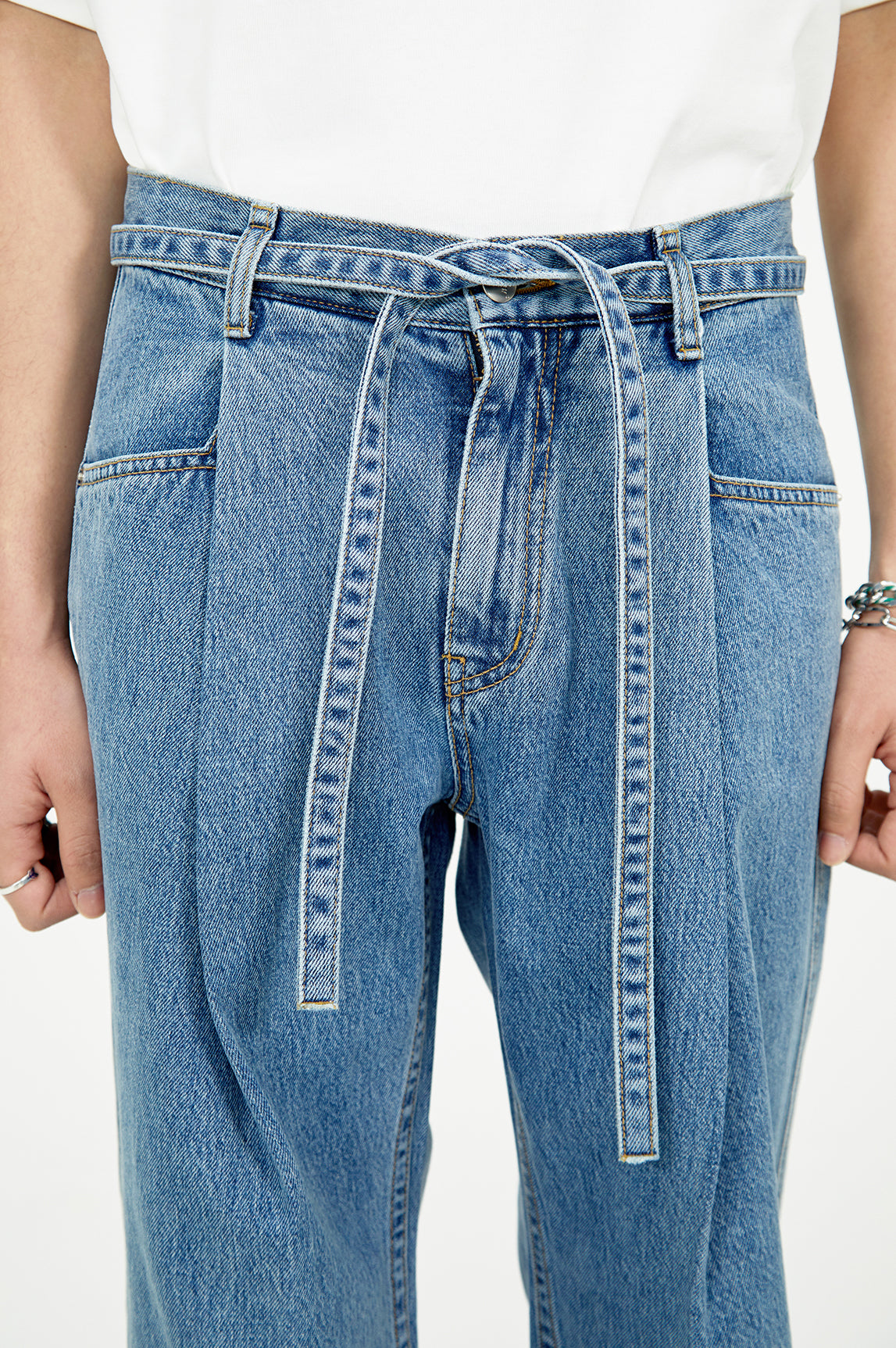 Wide one tuck Denim pants (Stone blue)