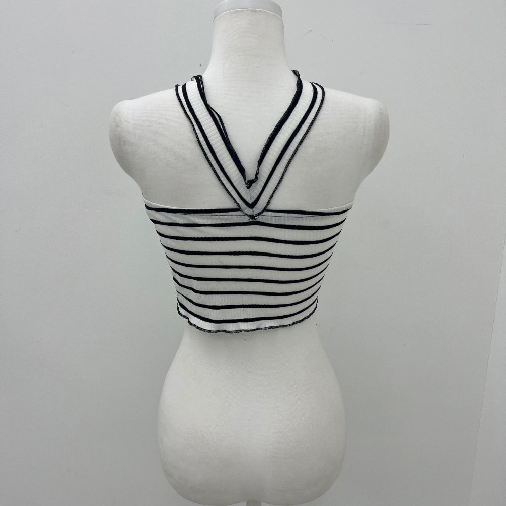 Stripe corsage ribbon strap crop tank-top (2 Color)