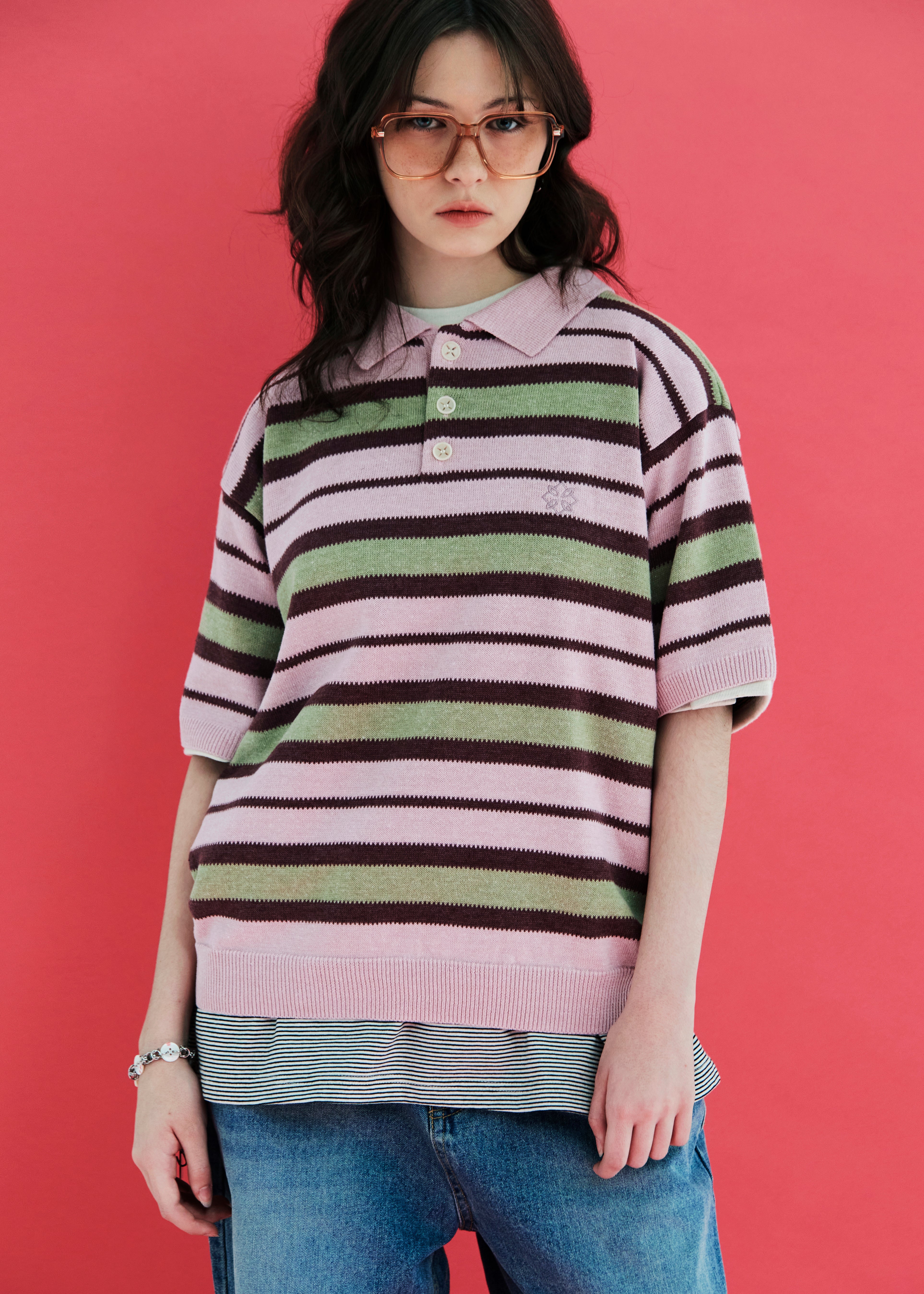 STRIPE KNIT POLO SHIRT / PINK