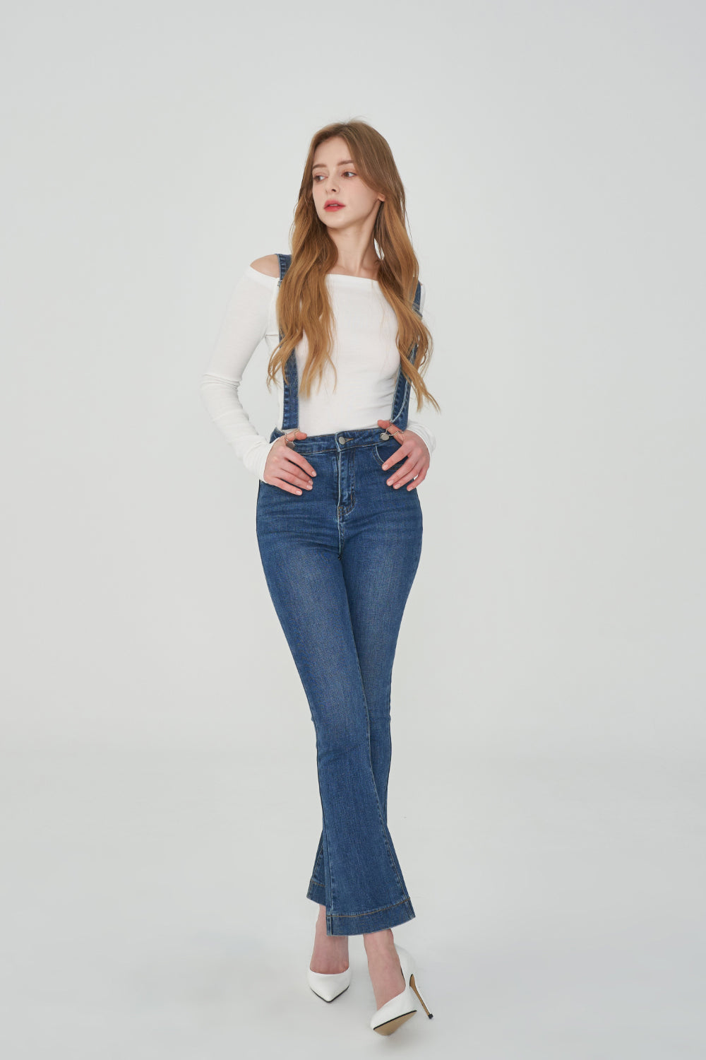 SEMI BOOTSCUT HIGH SPANDEX SUSPENDER DENIM PANTS [6677]