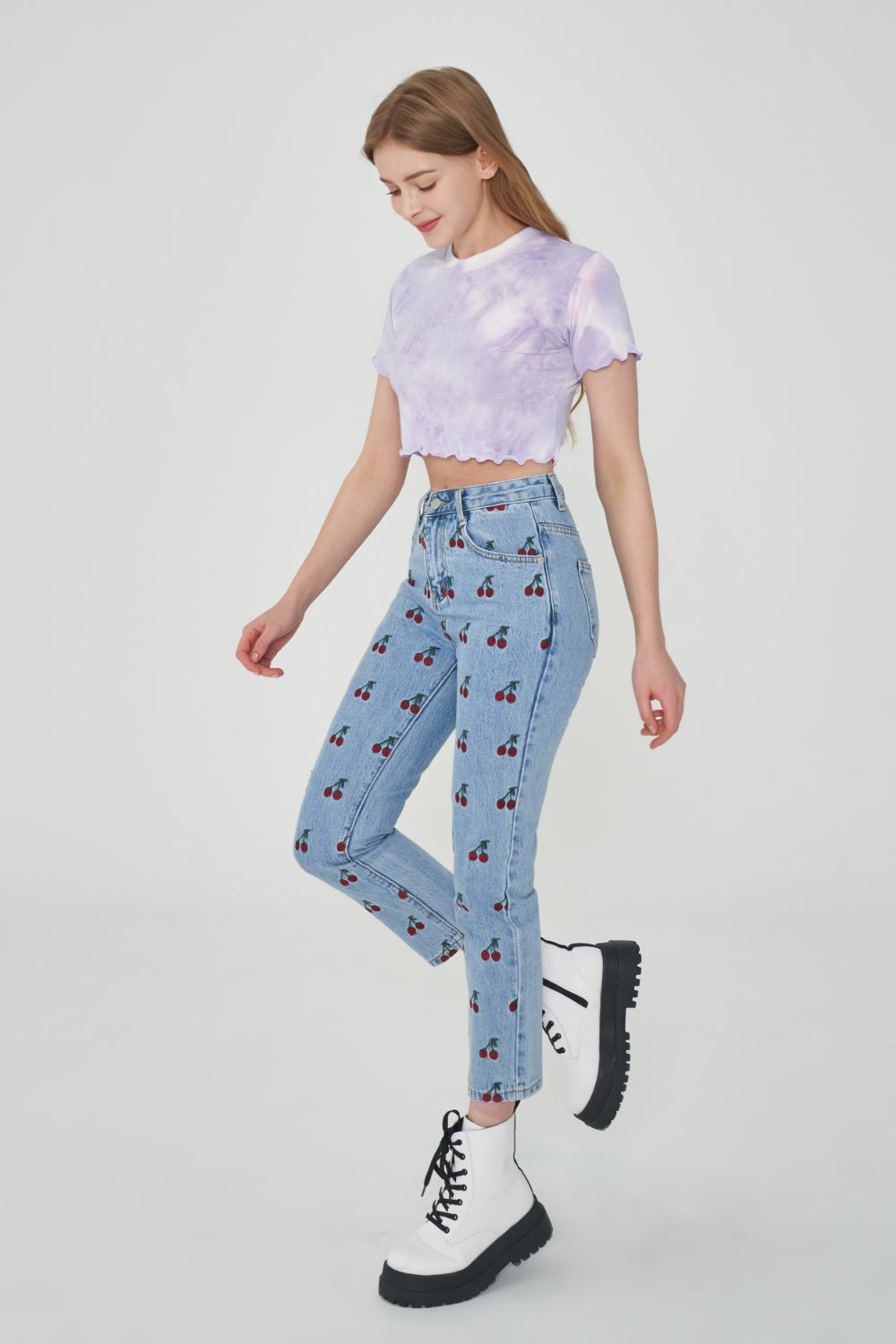 STRAIGHT FIT CHERRY EMBROIDERY DENIM PANTS [6851]