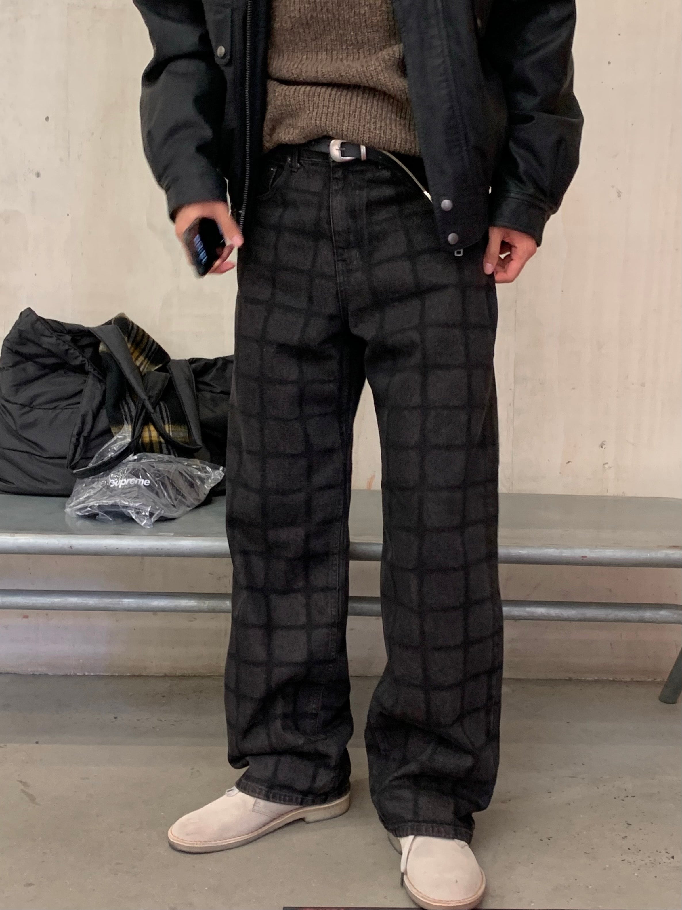 Burnt check denim pants