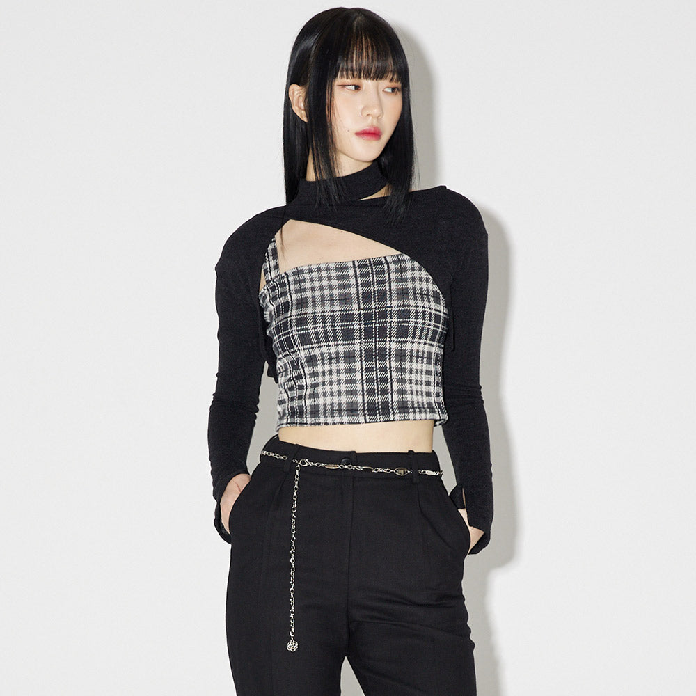 レイヤードチェックニットセット / Layered Check Knit Set [BLACK]