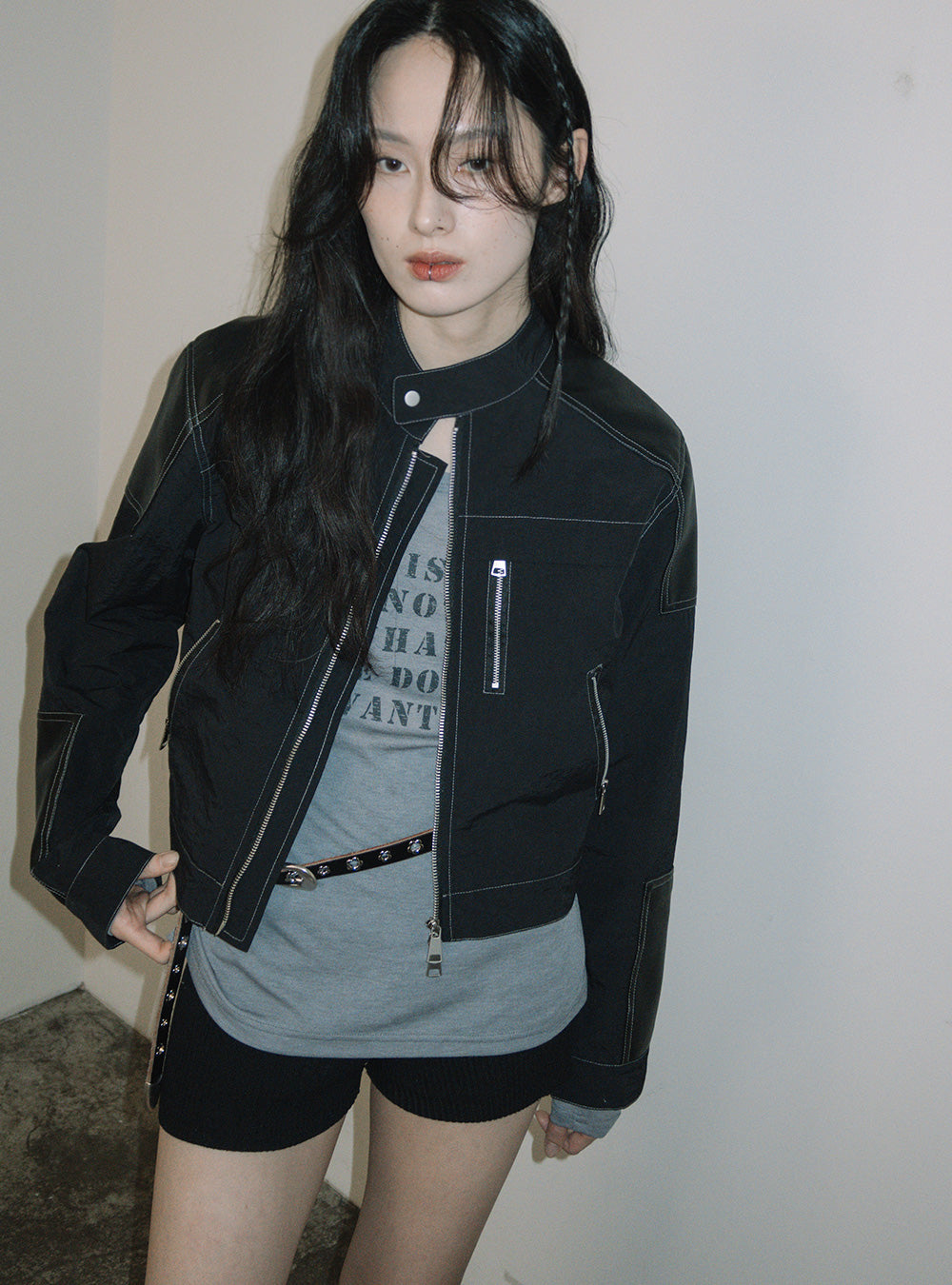 leather patch biker jacket(woman)