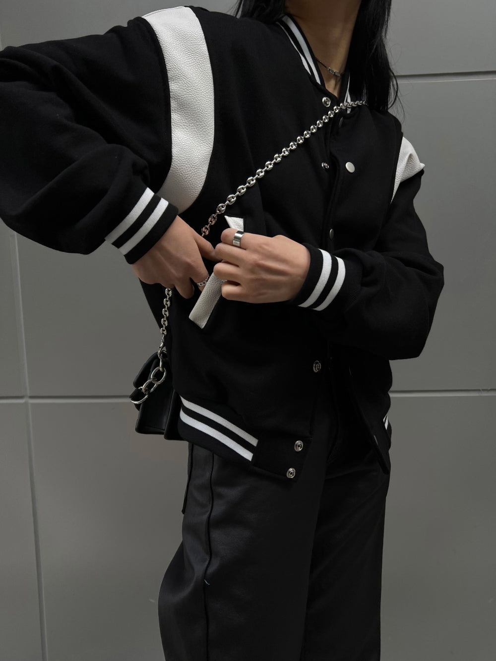 [UNISEX] Varsity stadium leather point jacket (Black)