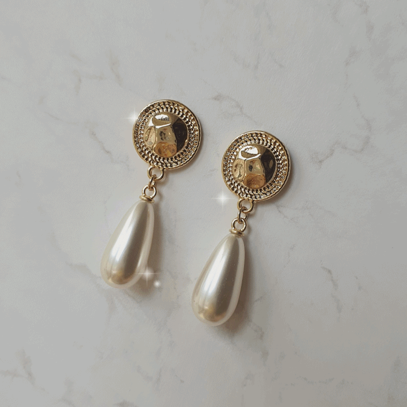 Ethnic Button and Long Pearl Earrings - Gold Color