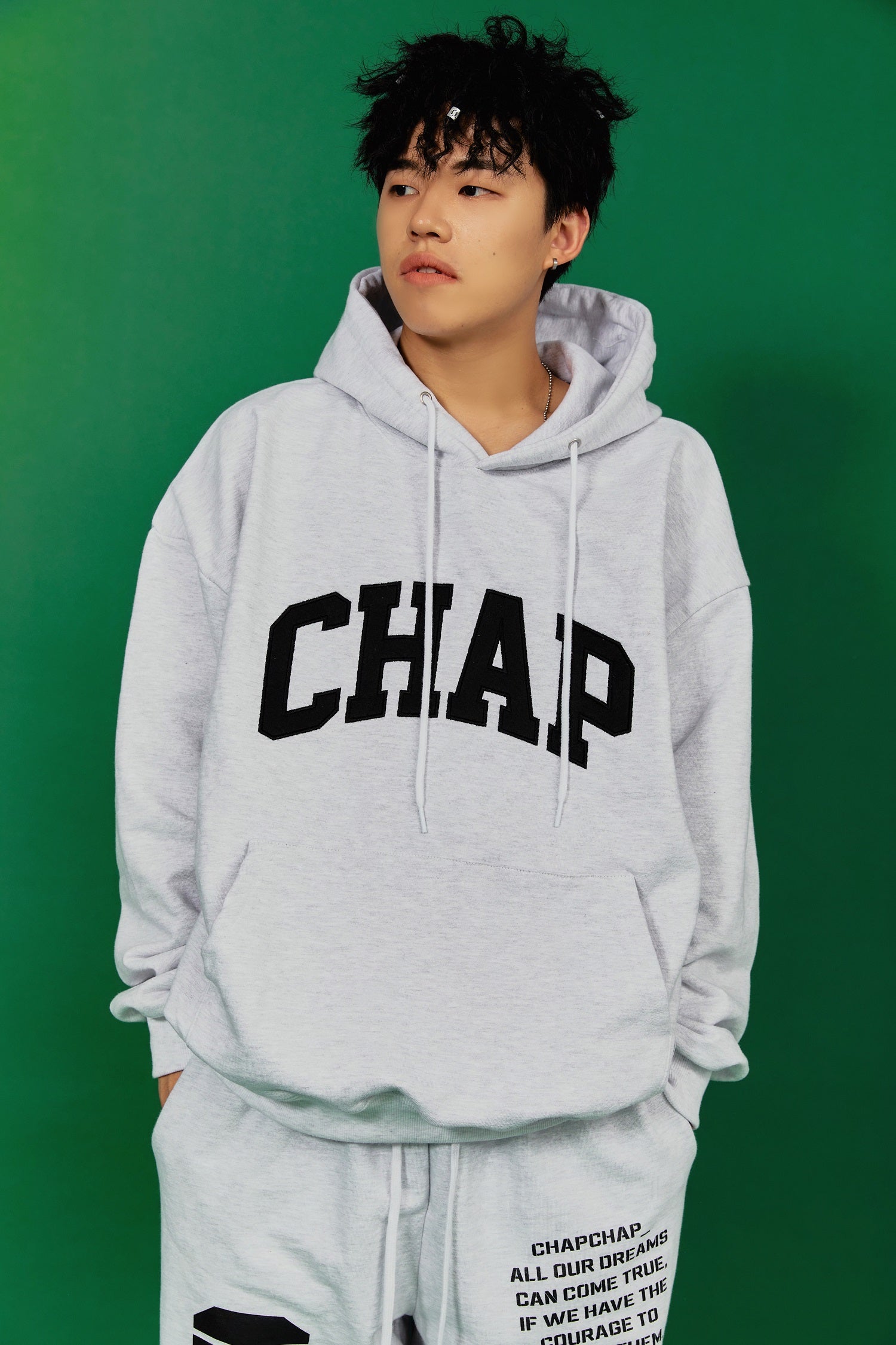 Chap Logo over fit Hoodie(White Melange)