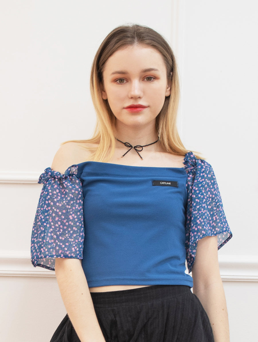 chiffon shirring t-shirt blue